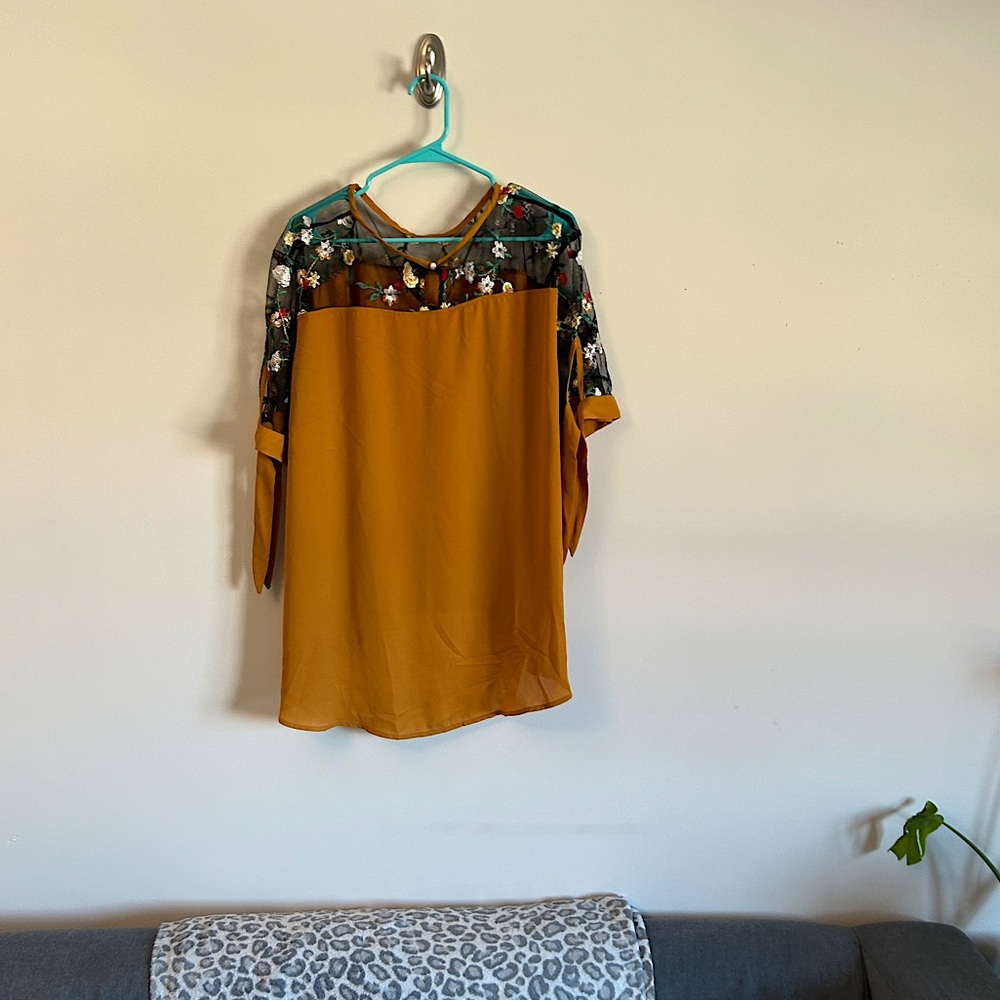 Floral Black Lace & Mustard Yellow Top with Bow Details on Sleeve